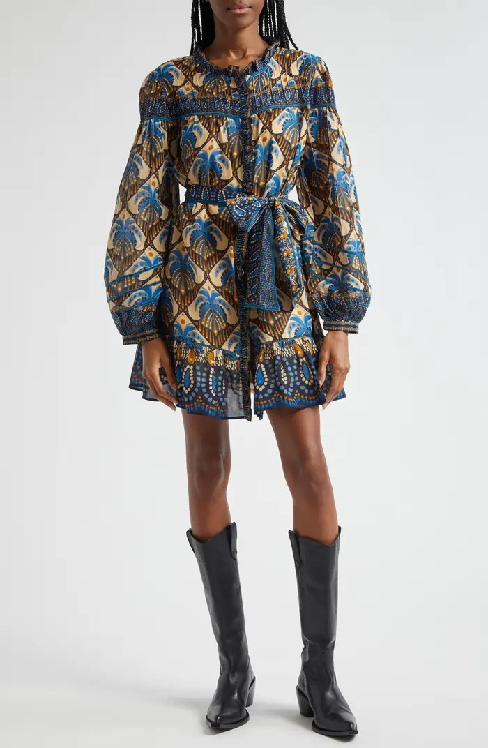 FARM Rio Cocopalm Tie Belt Long Sleeve Minidress | Nordstrom | Nordstrom