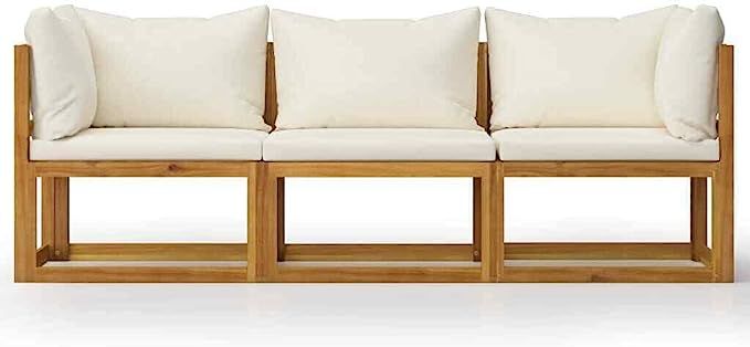 Solid Acacia Wood 3-Seater Garden Sofa with Cushion Cream Outdoor | Amazon (US)