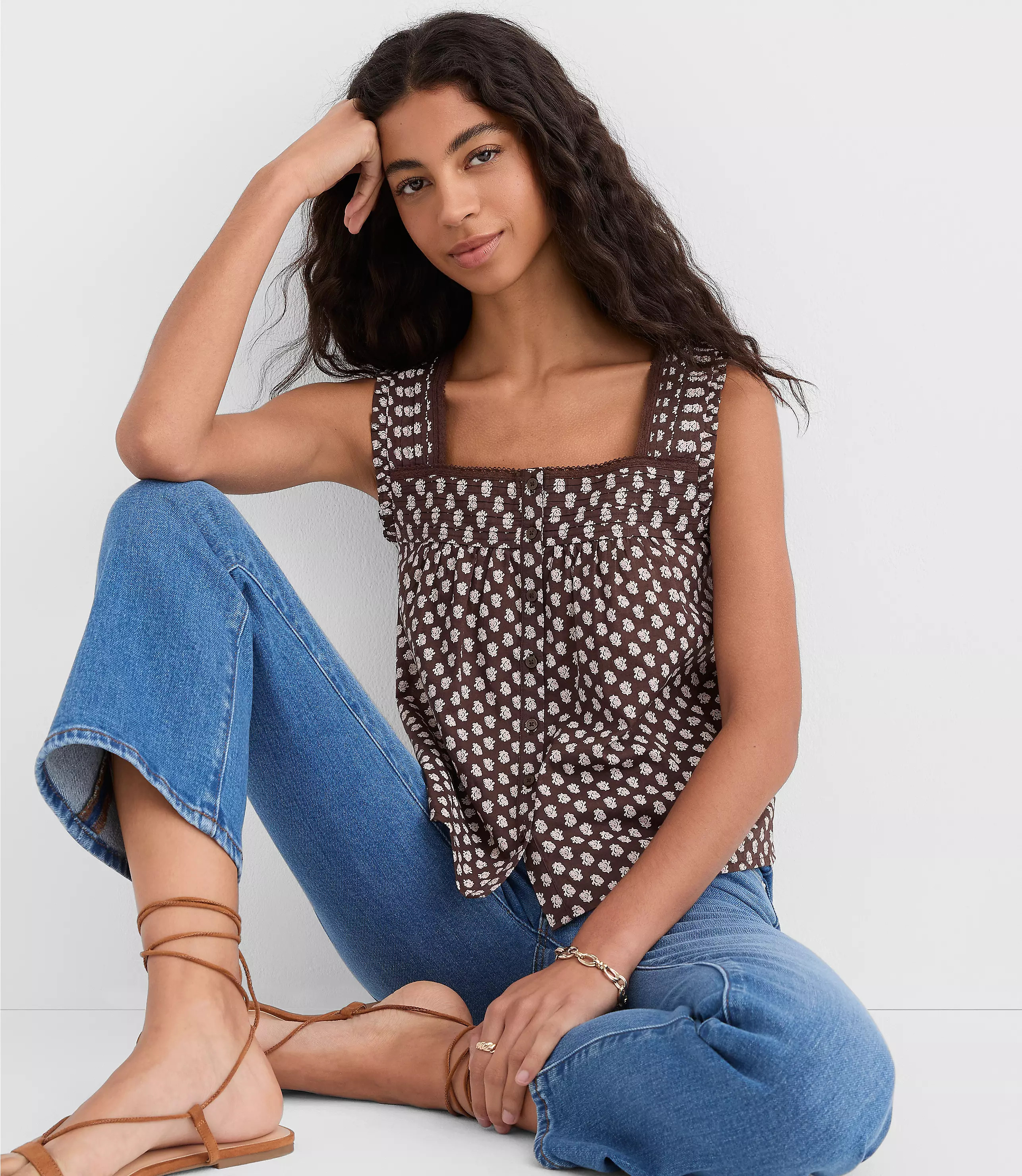 Floral Pleated Square Neck Blouse | LOFT