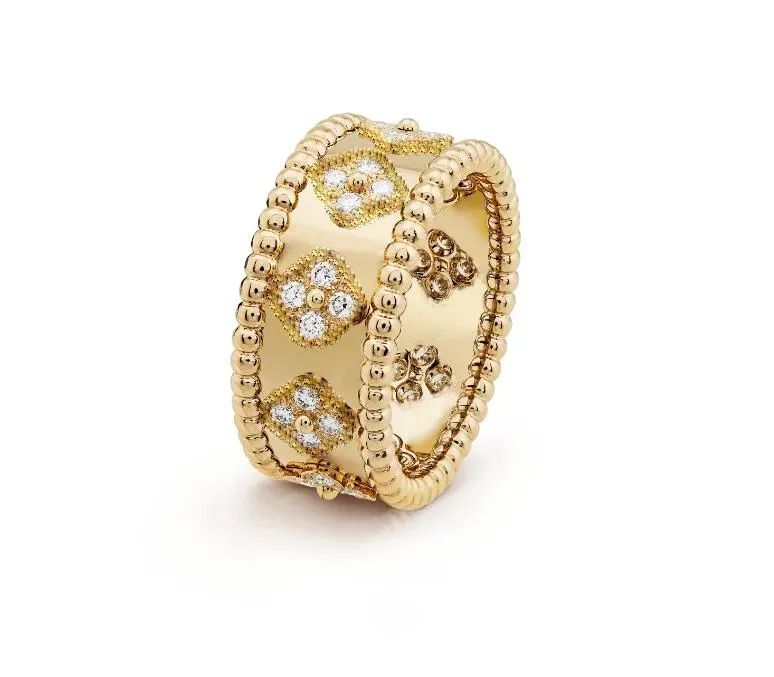 Vintage Van clover kaleidoscope finger ring three-color Perlees ring 18K rose gold full diamond o... | DHGate