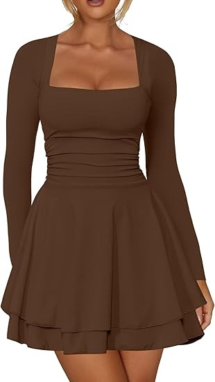 Kaximil Women's Square Neck Ruffle Hem Mini Dress Ruched Waist Long Sleeve Corset Short Party Dre... | Amazon (US)