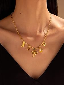 HUASAI Charm Necklace for Women Dainty Gold Paperclip Chain Necklace Trendy Flower Starfish Bow B... | Amazon (US)