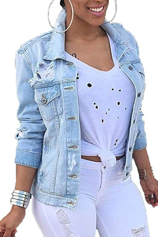 Women Denim Jackets Distressed Button Down Long Sleeve Classic Jean Jacket Coats | Amazon (US)