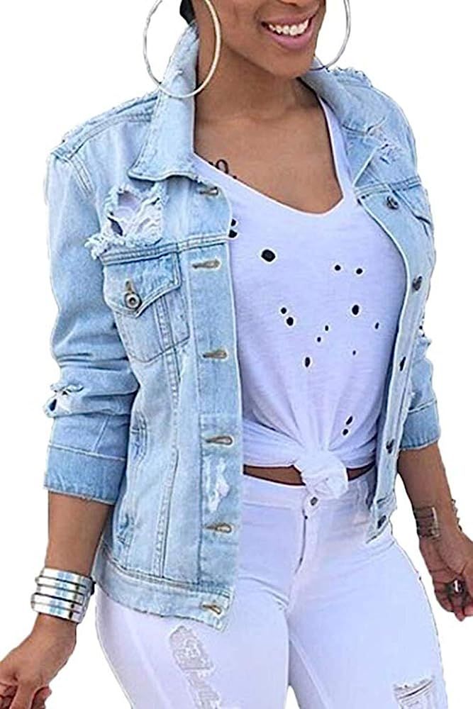 Women Denim Jackets Distressed Button Down Long Sleeve Classic Jean Jacket Coats | Amazon (US)