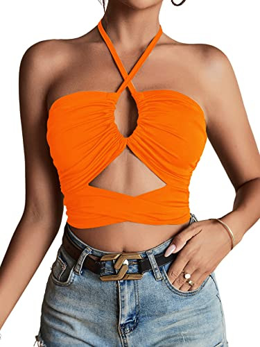 LYANER Women's Sexy Halter Ruched Criss Cross Cut Out Sleeveless Tie Back Cami Crop Top Orange Large | Amazon (US)