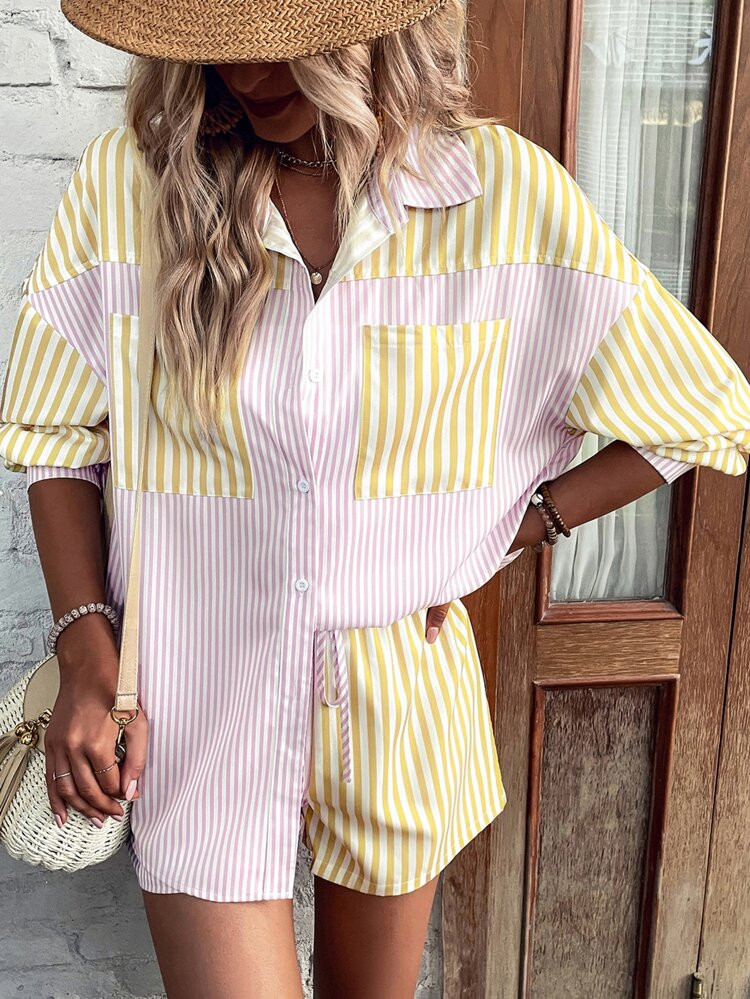 Striped Patched Pocket Drop Shoulder Blouse & Tie Front Shorts | SHEIN