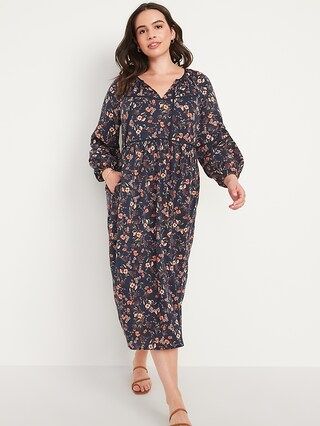 Puff-Sleeved Floral-Print Midi Poet Swing Dress for Women | Old Navy (US)