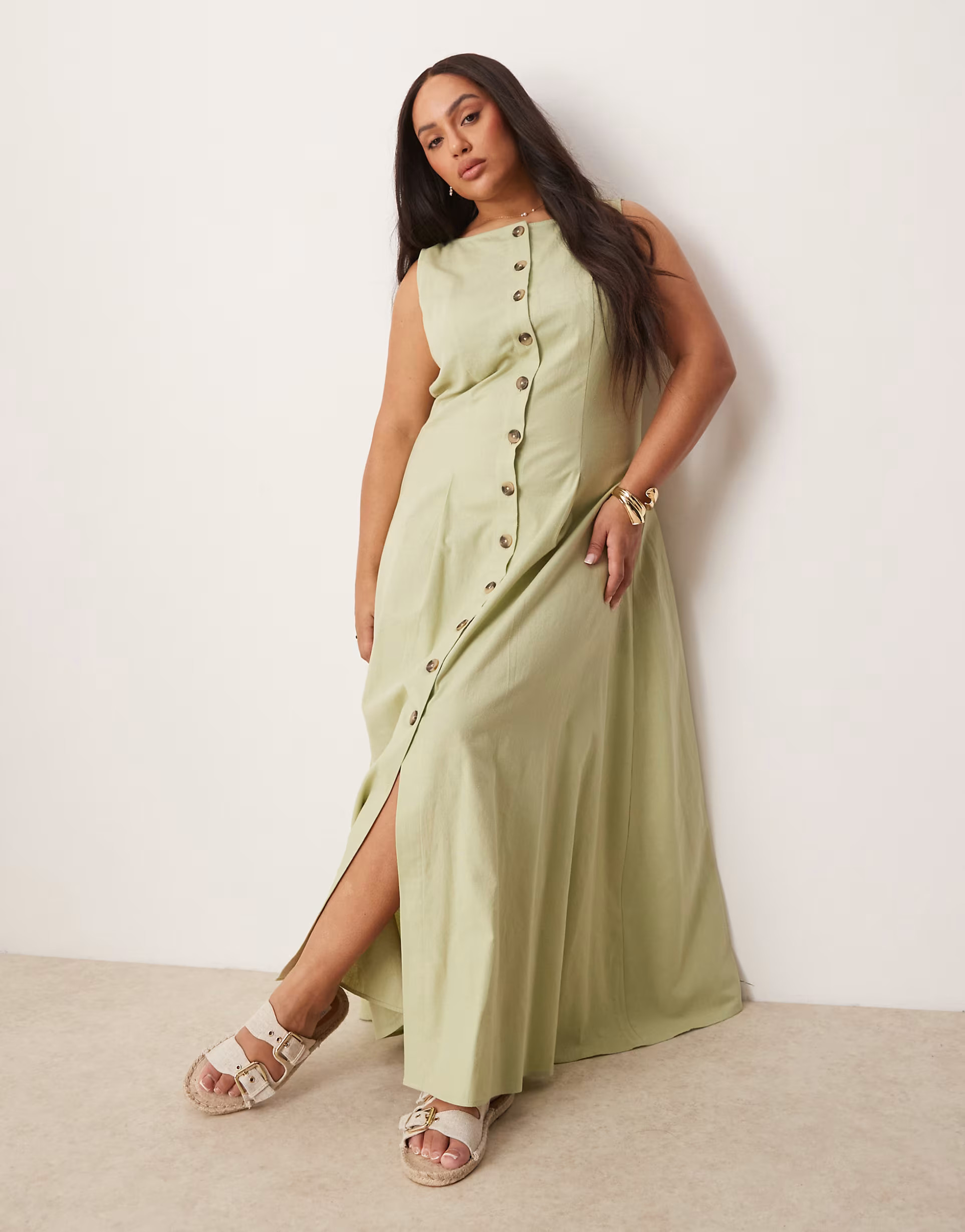 ASOS DESIGN Curve slash neck button down waistcoat maxi dress in sage | ASOS | ASOS (Global)