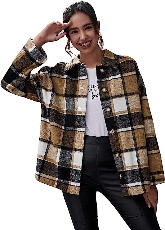 WDIRARA Women's Zip Front Plaid Print Long Sleeve Stand Collar Casual Jacket | Amazon (US)