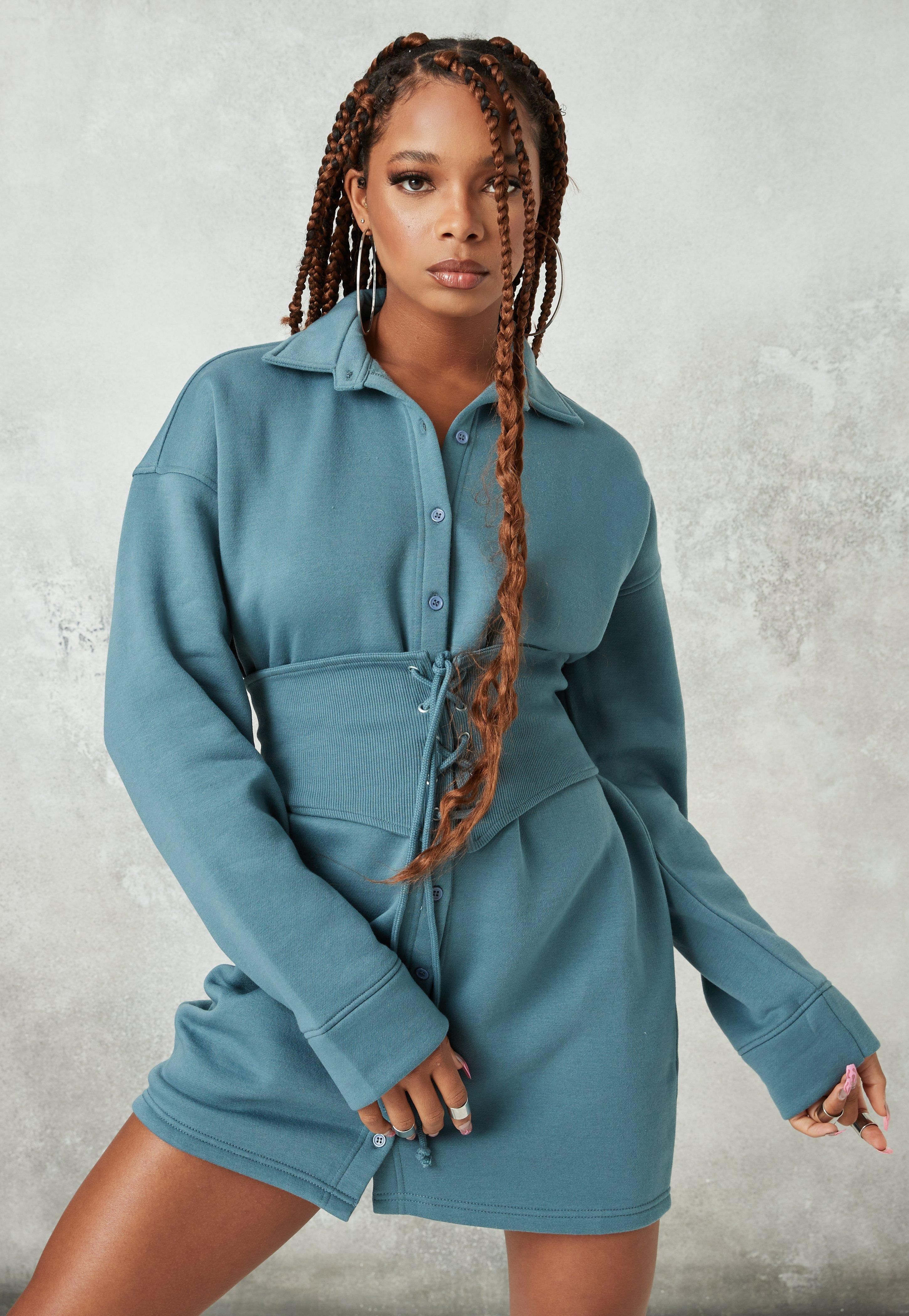 Blue Corset Waist Fleece Shirt Dress | Missguided (US & CA)