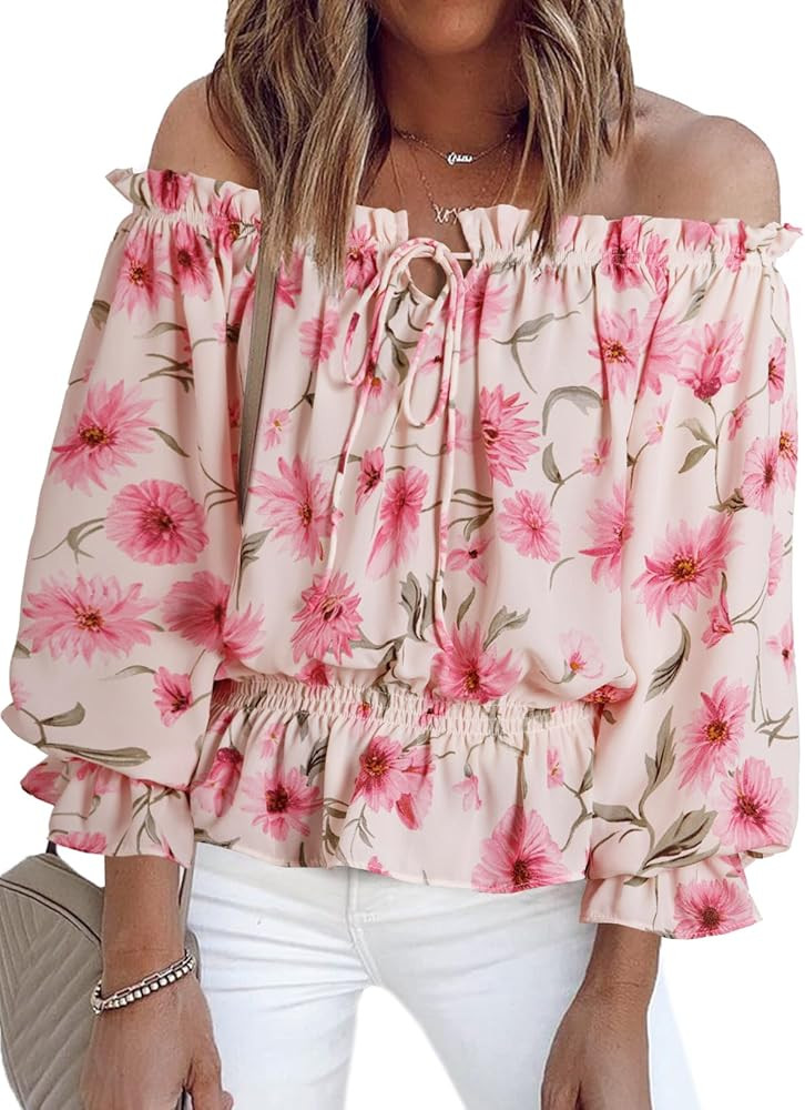 BLENCOT Summer Sexy Off Shoulder Tops for Women Boho Ruffle Sleeve Floral Chiffon Shirts Blouses | Amazon (US)