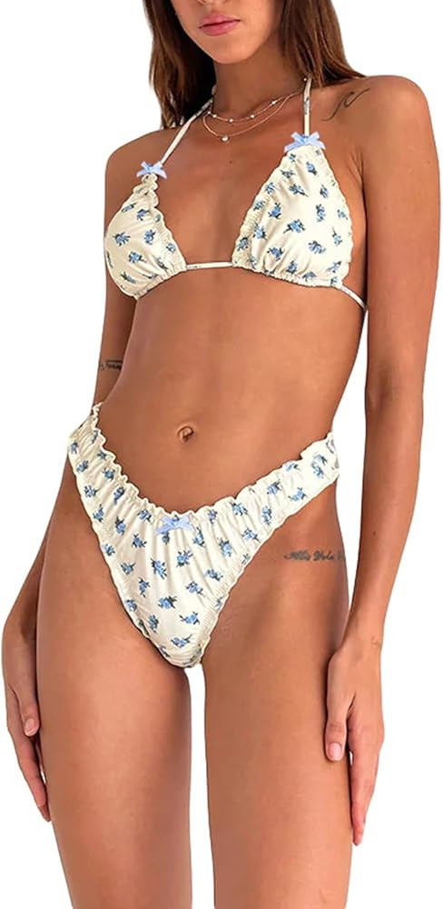 Women's Halter String Bikini Sets 2-Piece Cute Elastic Low Waist Printed Swimming Bathing Suit Se... | Amazon (US)