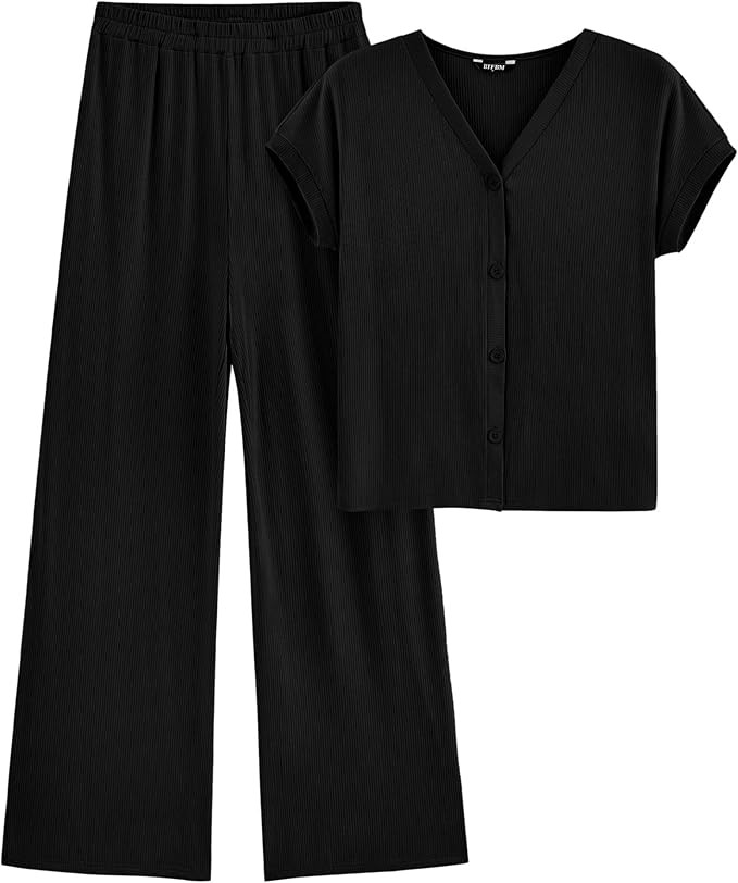 BTFBM Two Piece Sets For Women Summer Loose Ribbed Short Sleeve Button Down Shirt Wide Leg Pants ... | Amazon (US)
