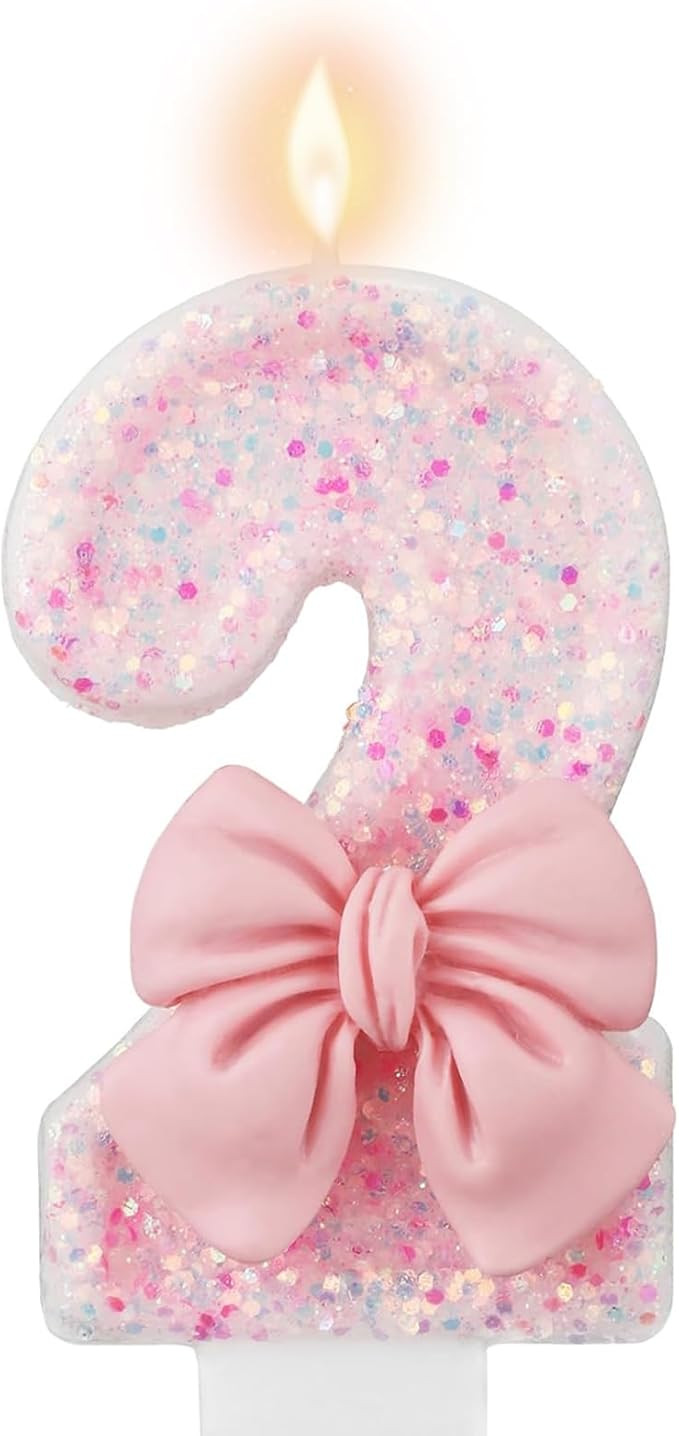Pink Number 2 Birthday Candle, Girl 2nd ​Birthday Party Pink Theme Decorations Supplies, 3D Bow... | Amazon (US)