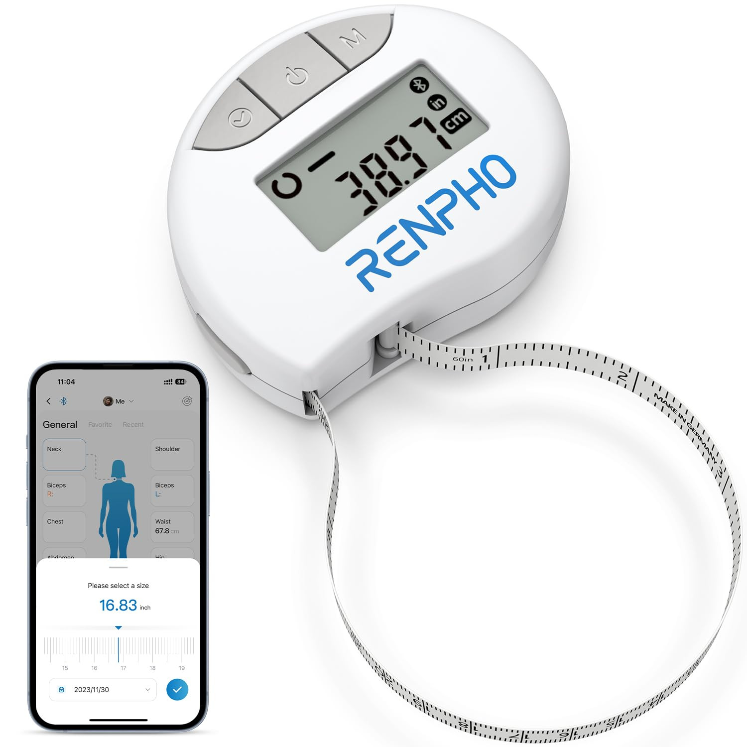 RENPHO Smart Tape Measure, Body Measuring Tape for Weight Loss, Bluetooth Body Measurement Tape with App, Body Fat Measurement Device for Muscle Gain, Fitness Shape, Locking, Retractable, 60in /150cm | Amazon (US)