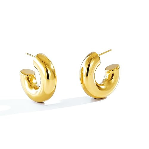 CONRAN KREMIX Waterproof Small Gold Hoops Earrings for Women,Thick Gold Plated Chunky Circle Open Hoop Lightweight Hollow Earrings Trendy Gold Jewelry 25MM | Amazon (US)