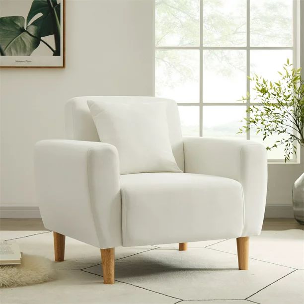 100% Polyester Accent Chair Solid Wood Frame & Legs, Armchair For Living Room (White) | Walmart (US)