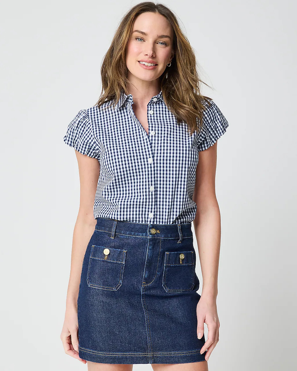 Gingham puff-sleeve button-up top | J.Crew Factory
