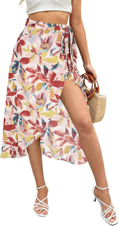 Newchoice Women's Boho Leopard Skirt High Low Split Summer Beach Midi Wrap Skirts | Amazon (US)