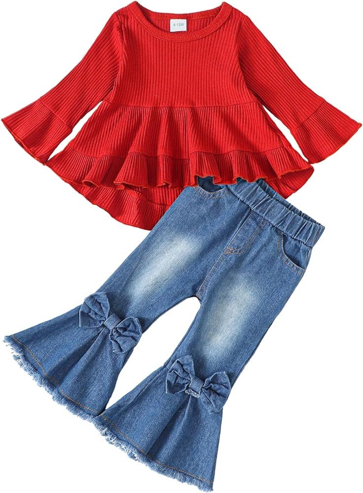 Kucnuzki Baby Girl Clothes Toddler Girl Sunflower Outfit Ruffle Sleeve Shirt Floral Pant Set Fall... | Amazon (US)