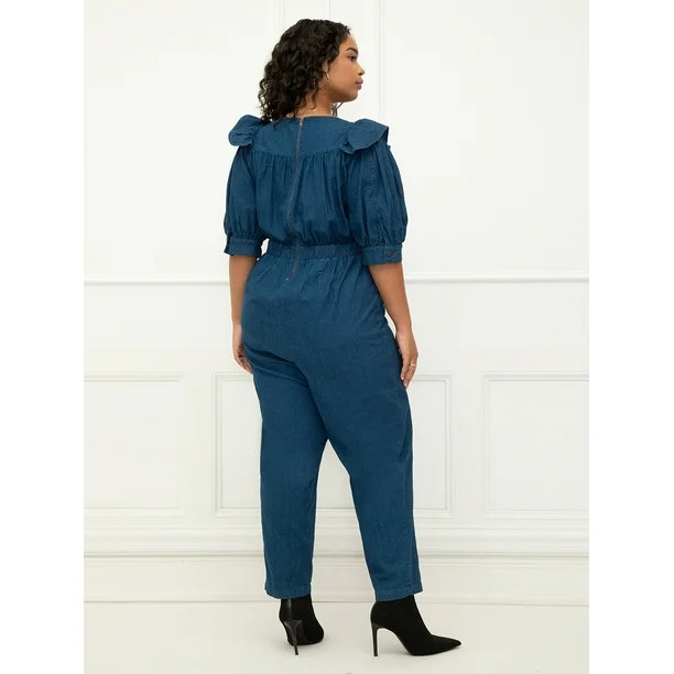 ELOQUII Elements Women's Plus Size Denim Jumpsuit With Ruffles | Walmart (US)
