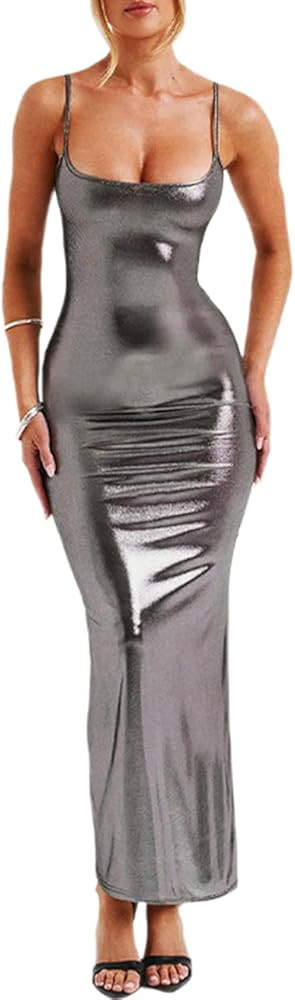 Women Sexy Spaghetti Strap Metallic Shiny Bodycon Maxi Party Dress Sparkly Soft Long Pencil Cami ... | Amazon (US)