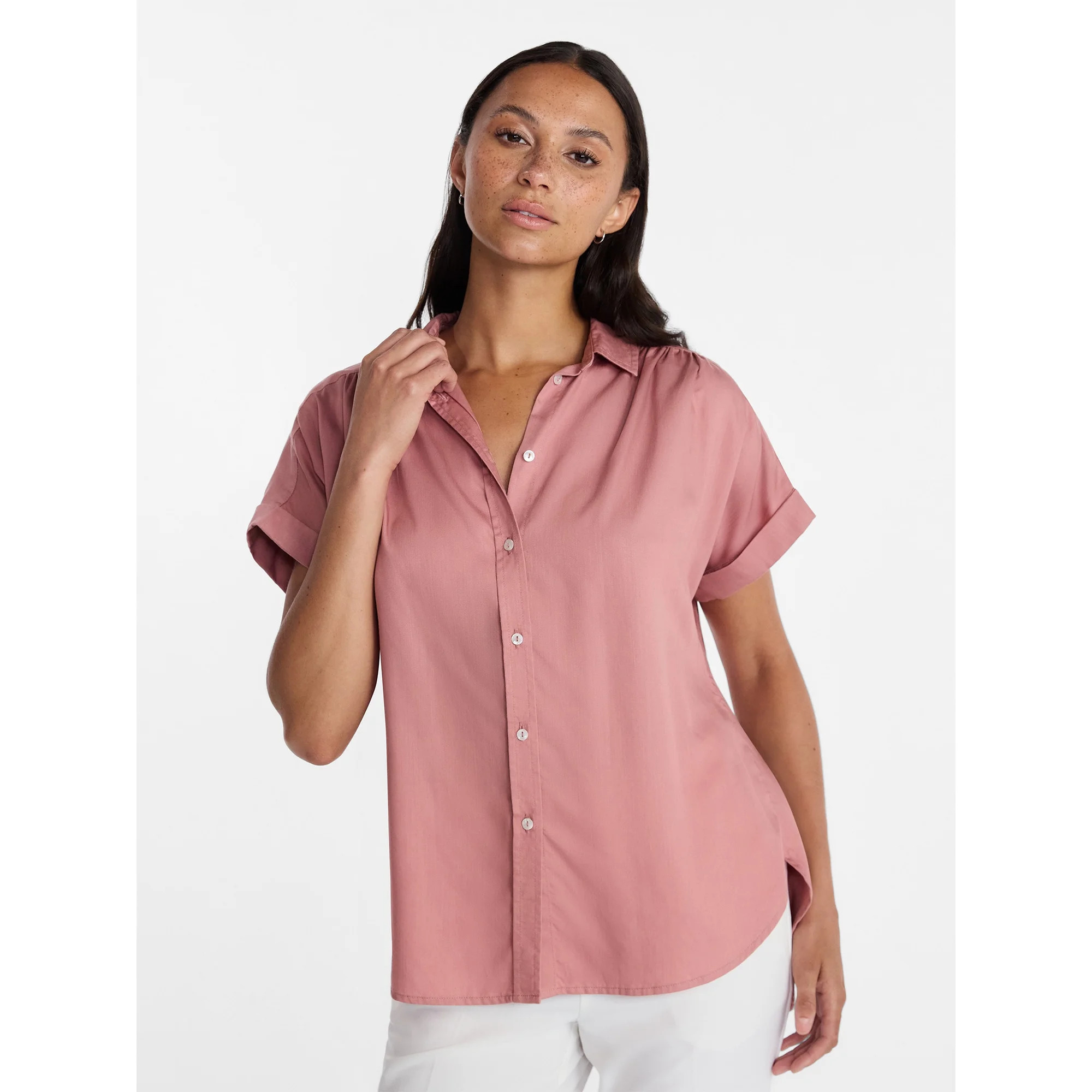 Time and Tru Women's Chambray Camp Shirt with Short Sleeves, Sizes XS-XXXL | Walmart (US)