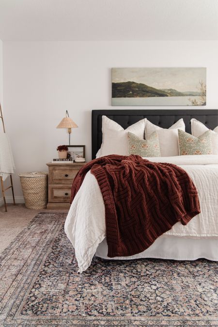 Cozy bedroom decor, new amber lewis x loloi morgan rug size 8.3 x 11.3, MOG-03 DENIM MULTI, cozy throw blanket for bed, bedroom rug, bedroom throw pillows, wicker wall sconce, organic modern bedroom decor

#LTKhome #LTKHoliday #LTKstyletip
