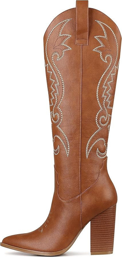 VOMIRA Knee High Cowboy Boots for Women Pointed Toe Chunky High Heels Pull-on Embroidered Boots W... | Amazon (US)
