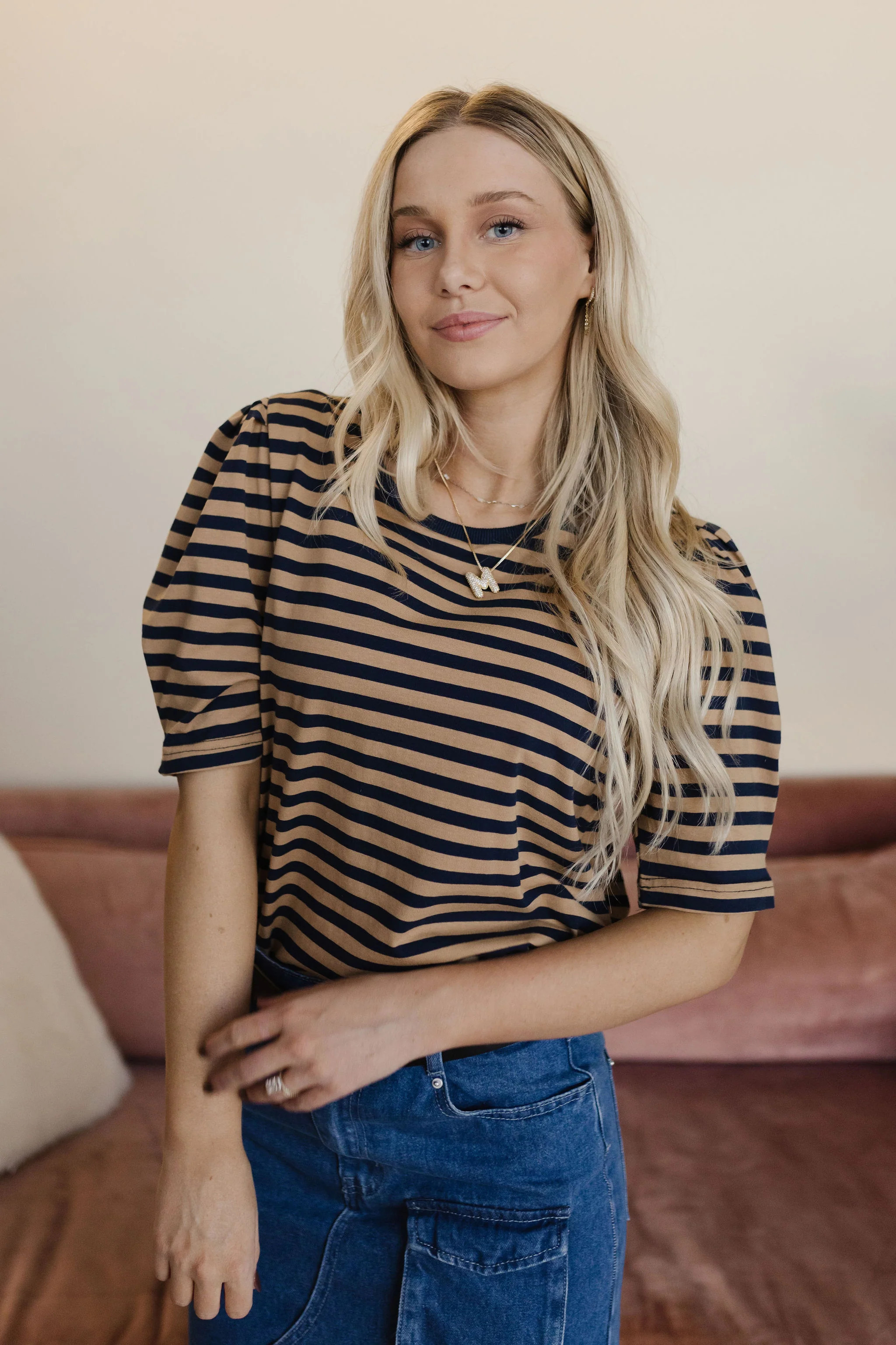 THE NAISHA MULTI STRIPED PUFF SLEEVE TOP IN NAVY | Pink Desert