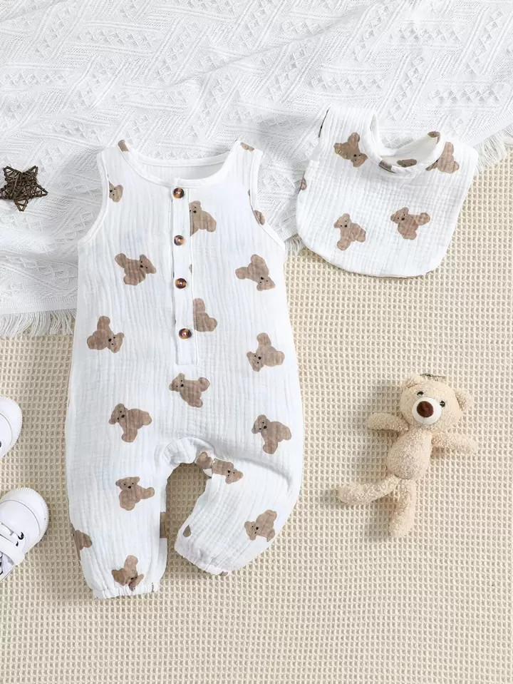 Baby Girl Bear Print Button Front Shirt Jumpsuit#8 Best Sellersin Cartoon Baby Girls JumpsuitsGBP... | SHEIN