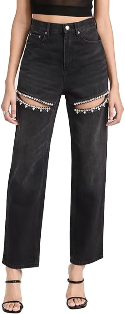 Women's Y2k Baggy Ripped Jeans High Waist Loose Rhinestone Distressed Wide Leg Pants for Women St... | Amazon (US)