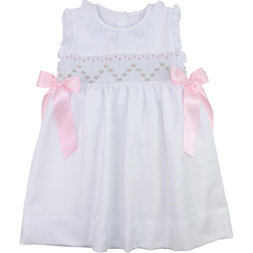 White Honeycomb Smocked Rosette Bow Dress | Cecil and Lou