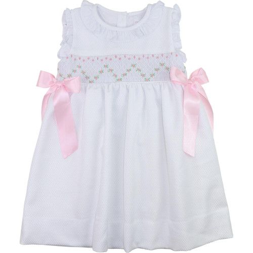 White Honeycomb Smocked Rosette Bow Dress | Cecil and Lou