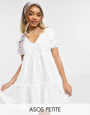 ASOS DESIGN Petite eyelet v neck smock dress with puff sleeve in white | ASOS (Global)