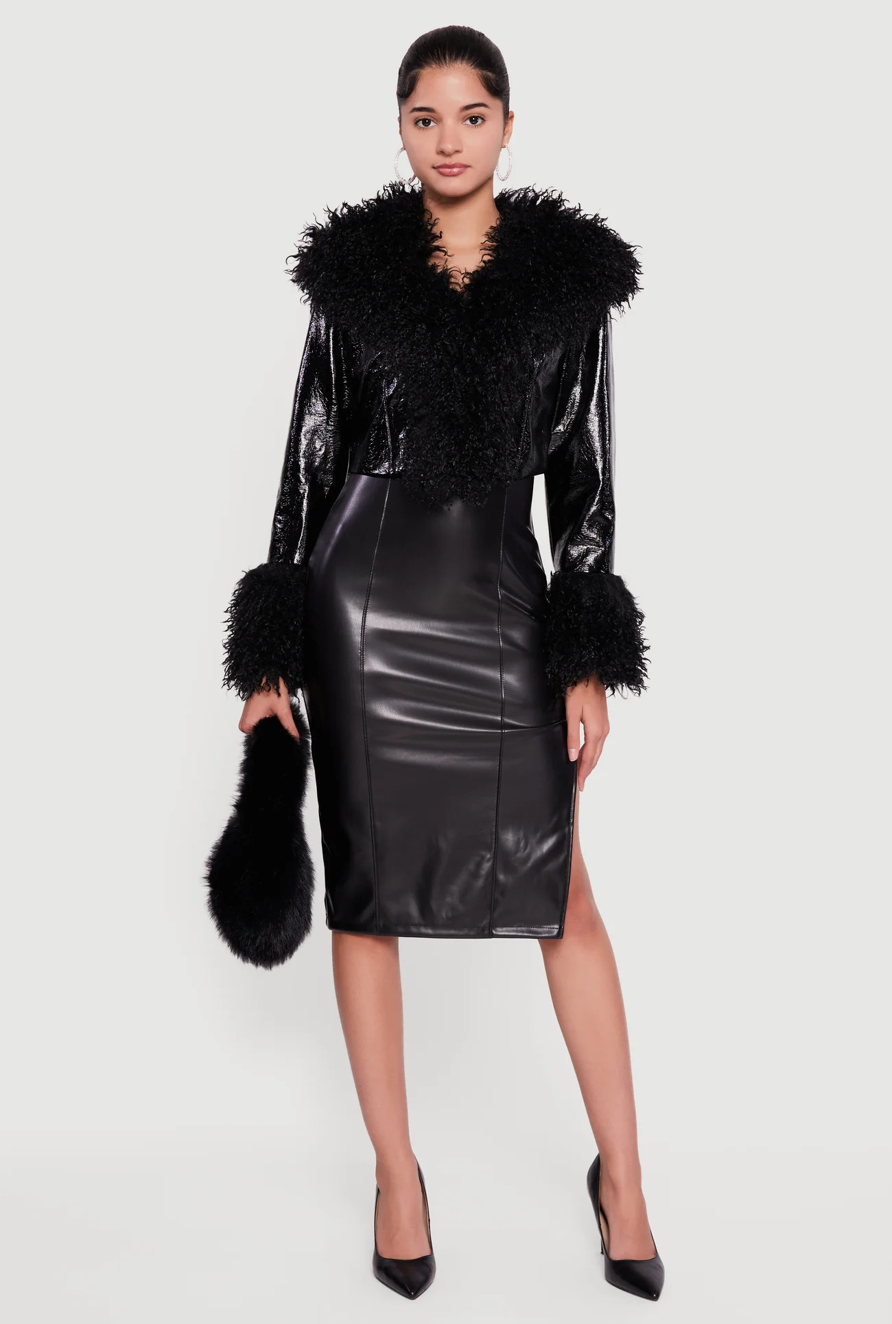 Faux Fur Trim Hook and Eye Cropped Jacket | Rainbow Shops