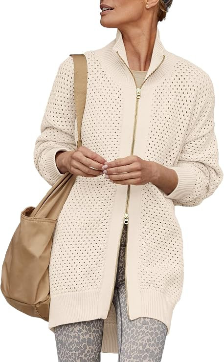 Women's Turtleneck Zip Up Cardigan Sweaters Oversized Drop Shoulder Long Sleeve Casual Solid Mesh... | Amazon (US)