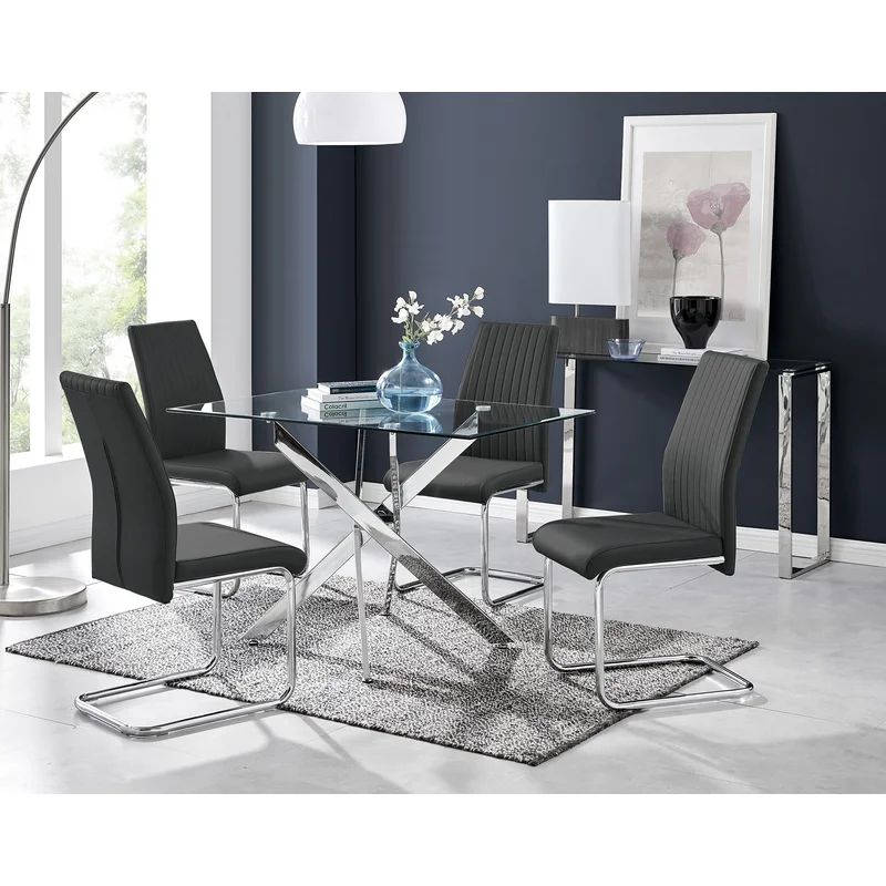 Lenworth Modern Metal and Glass Dining Table Set with 4 Luxury Faux Leather Dining Chairs | Wayfair North America