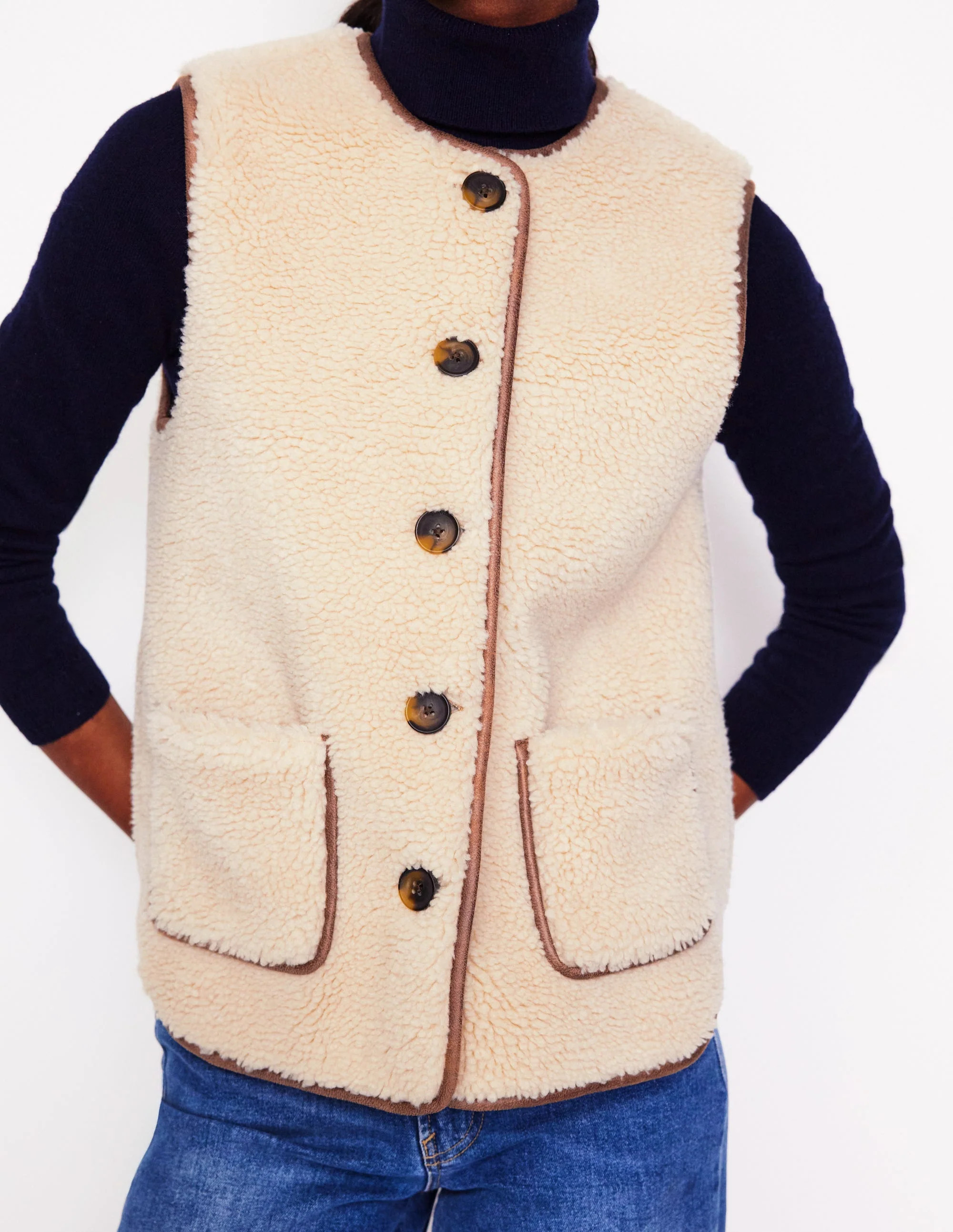 Clerkenwell Borg Button Gilet-Natural Faux Fur | Boden UK