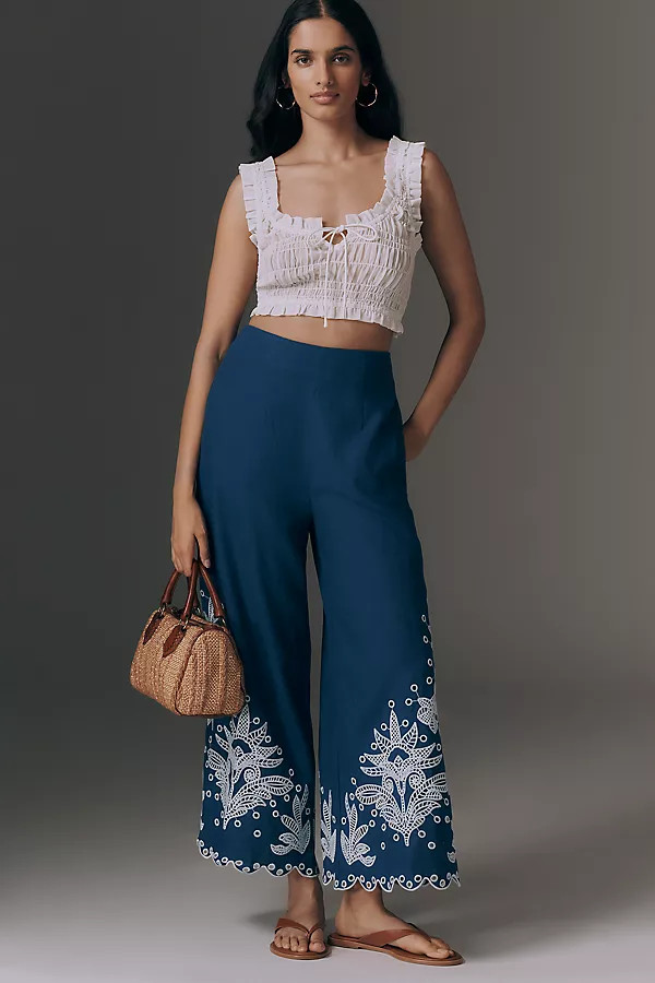 Farm Rio Linen Blend Crochet Flower Pants | Anthropologie (US)