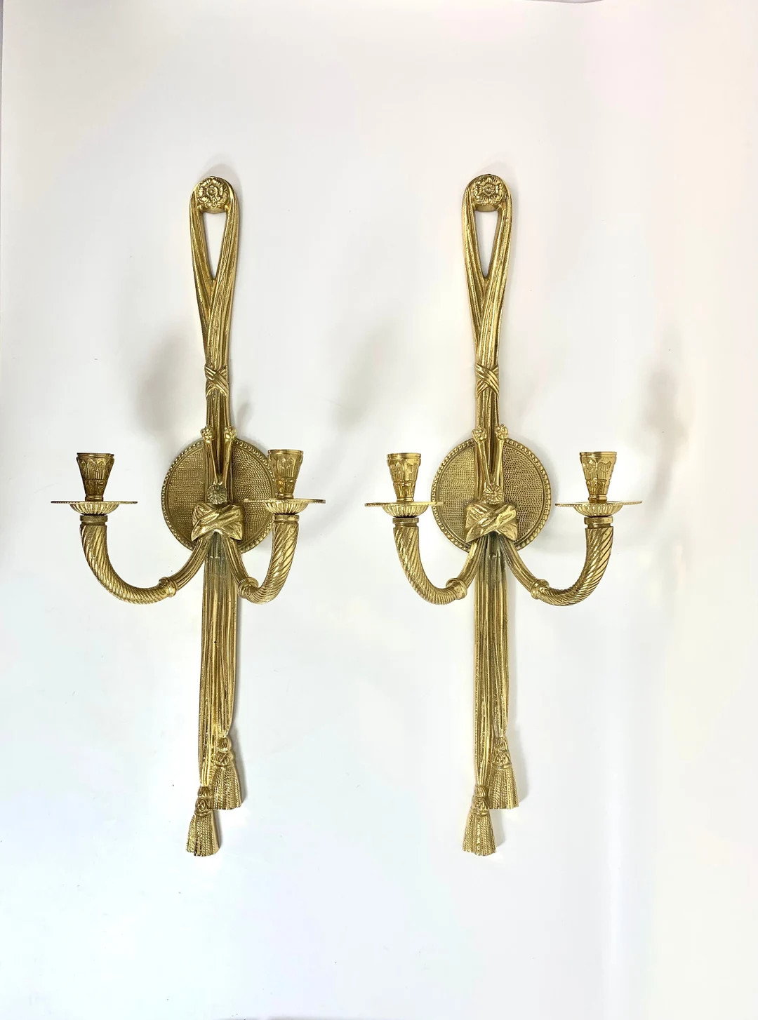 Pair of Vintage Brass Tassel Knotted Candle Sconces Ribbon French Style Gold Wall Taper Rococo Or... | Etsy (US)