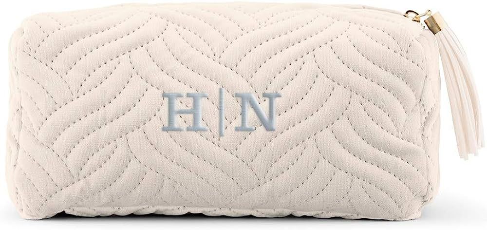 WEDDINGSTAR Small Personalized Velvet Quilted Makeup Bag For Women - Ivory Beige | Amazon (US)