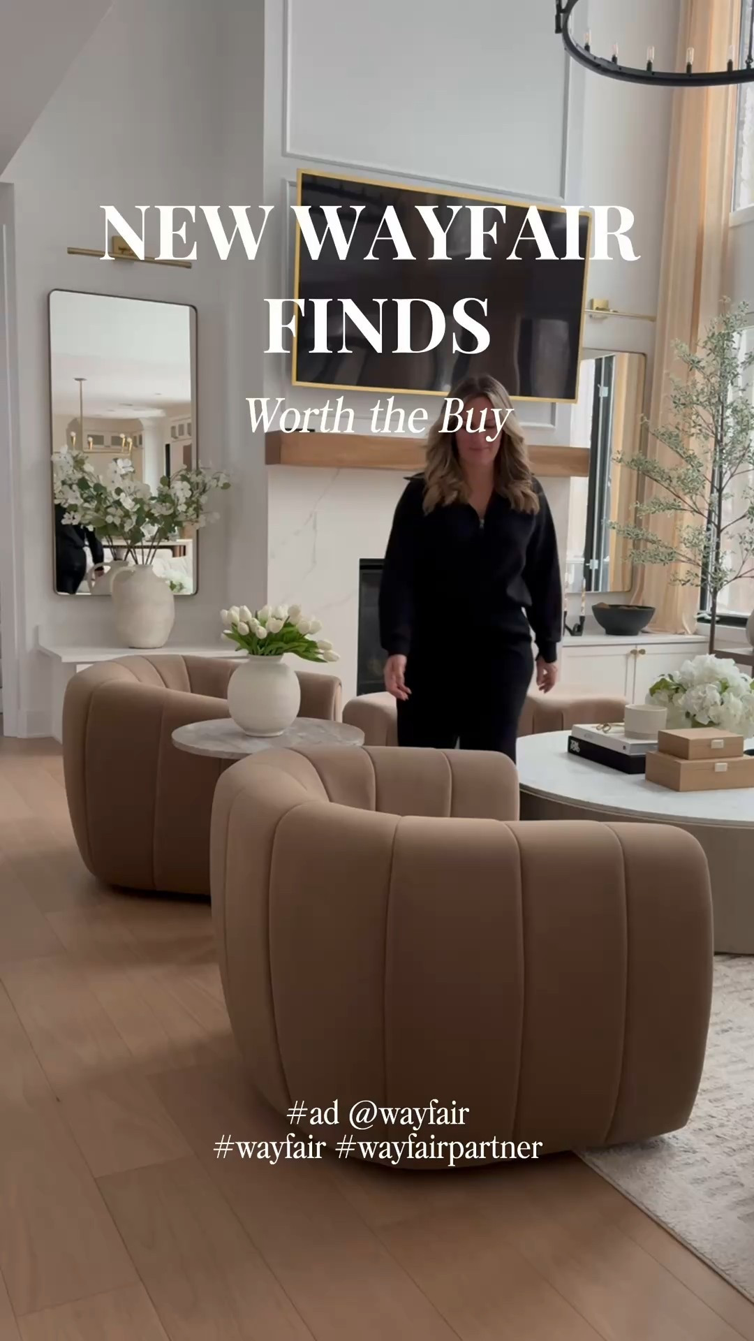 #ad @wayfair Loving these five new Wayfair home finds including my brown velvet swivel accent chairs, fluffy 8 foot faux tree; gold gallery frames, diamond tassel rug and my affordable console table. 

#wayfair #wayfairpartner @shop.ltk #ltkit 

#LTKSaleAlert #LTKHome