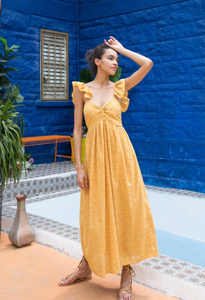 Sending Love Embroidered Eyelet Maxi Dress in Mustard | Chicwish