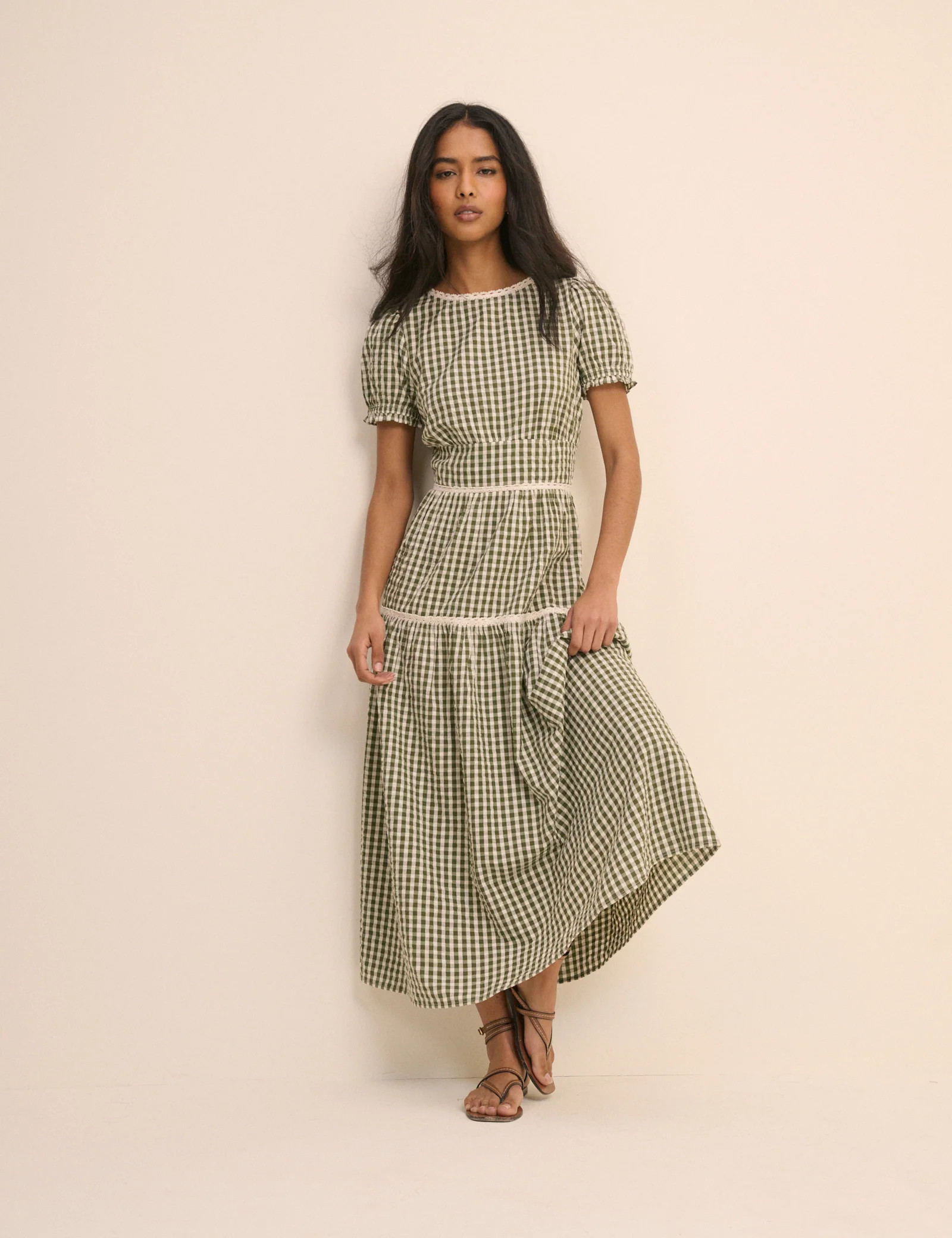 Green Gingham Lace Trim Dara Midi Dress | Nobody's Child