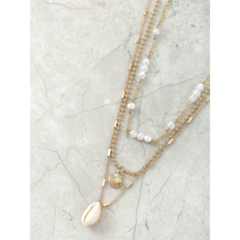 Time and Tru Goldtone Layered Shell Pendant Necklace, 3 Pieces | Walmart (US)