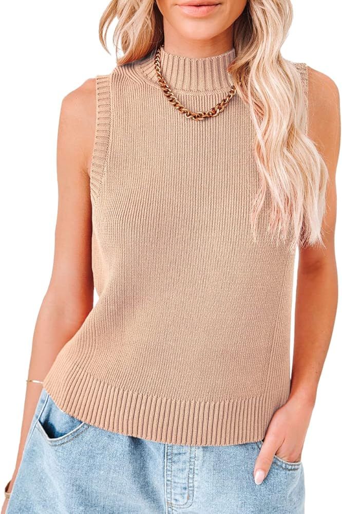 PRETTYGARDEN Women's Mock Neck Sweater Vest Casual Sleeveless Solid Stretchy Summer Knit Tank Tops | Amazon (US)