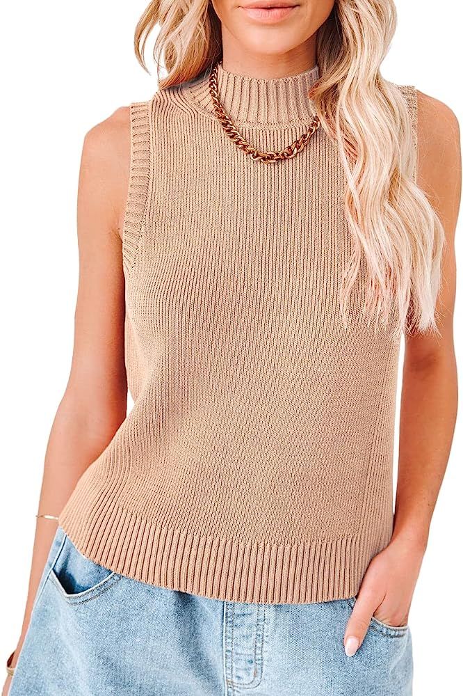 PRETTYGARDEN Women's Mock Neck Sweater Vest Casual Sleeveless Solid Stretchy Summer Knit Tank Top... | Amazon (US)