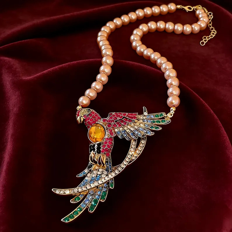 Whimsical Parrot Pearl Necklace, Colorful Rhinestone Fantasy Choker, Tropical Boho Jewelry Gift f... | Etsy (Global)