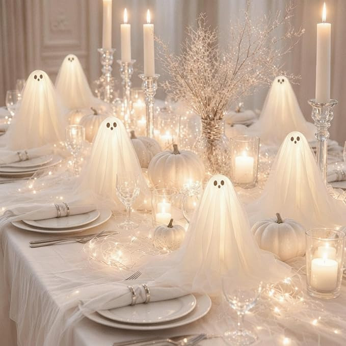 3 Pieces Lighted Halloween Ghost Table Decor White Spooky Ghost Tabletop Lamp on Wooden Base with... | Amazon (US)